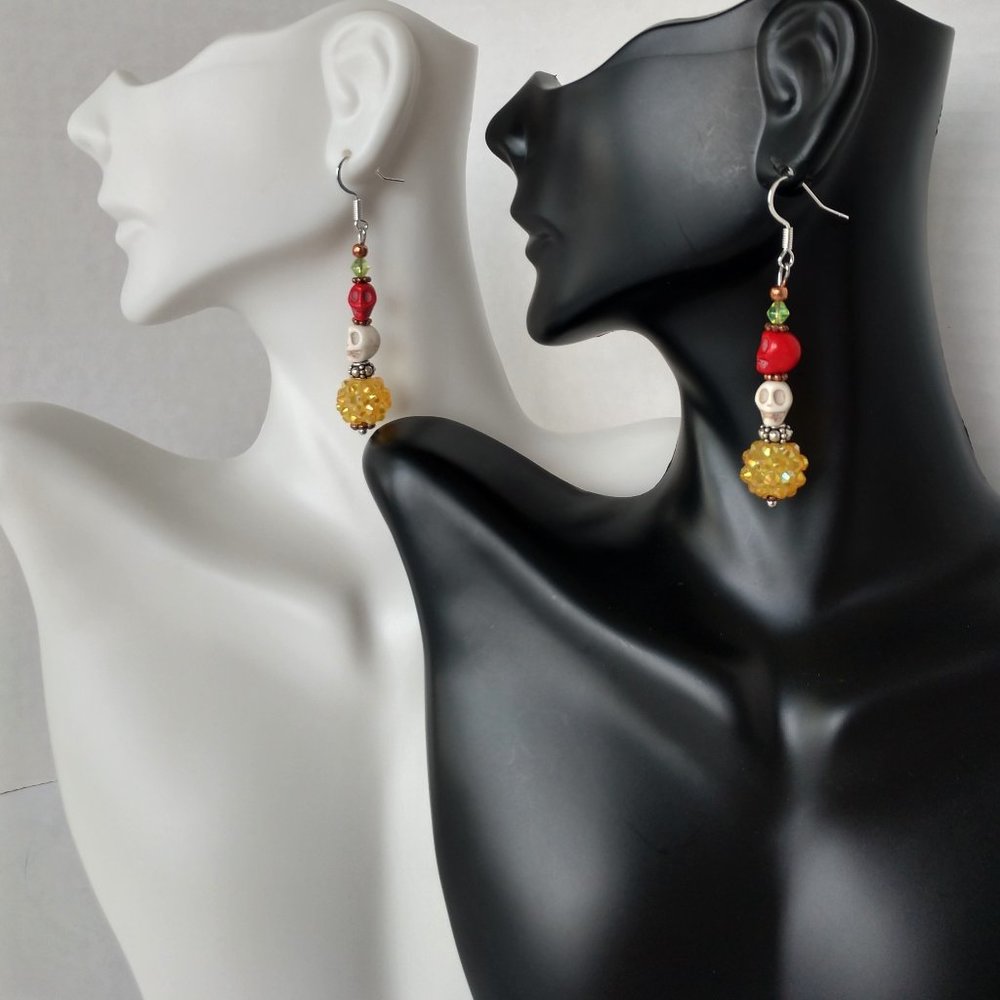 Handmade Dia De Muertos Earrings with Red & White Skull Beads & Yellow Clusters